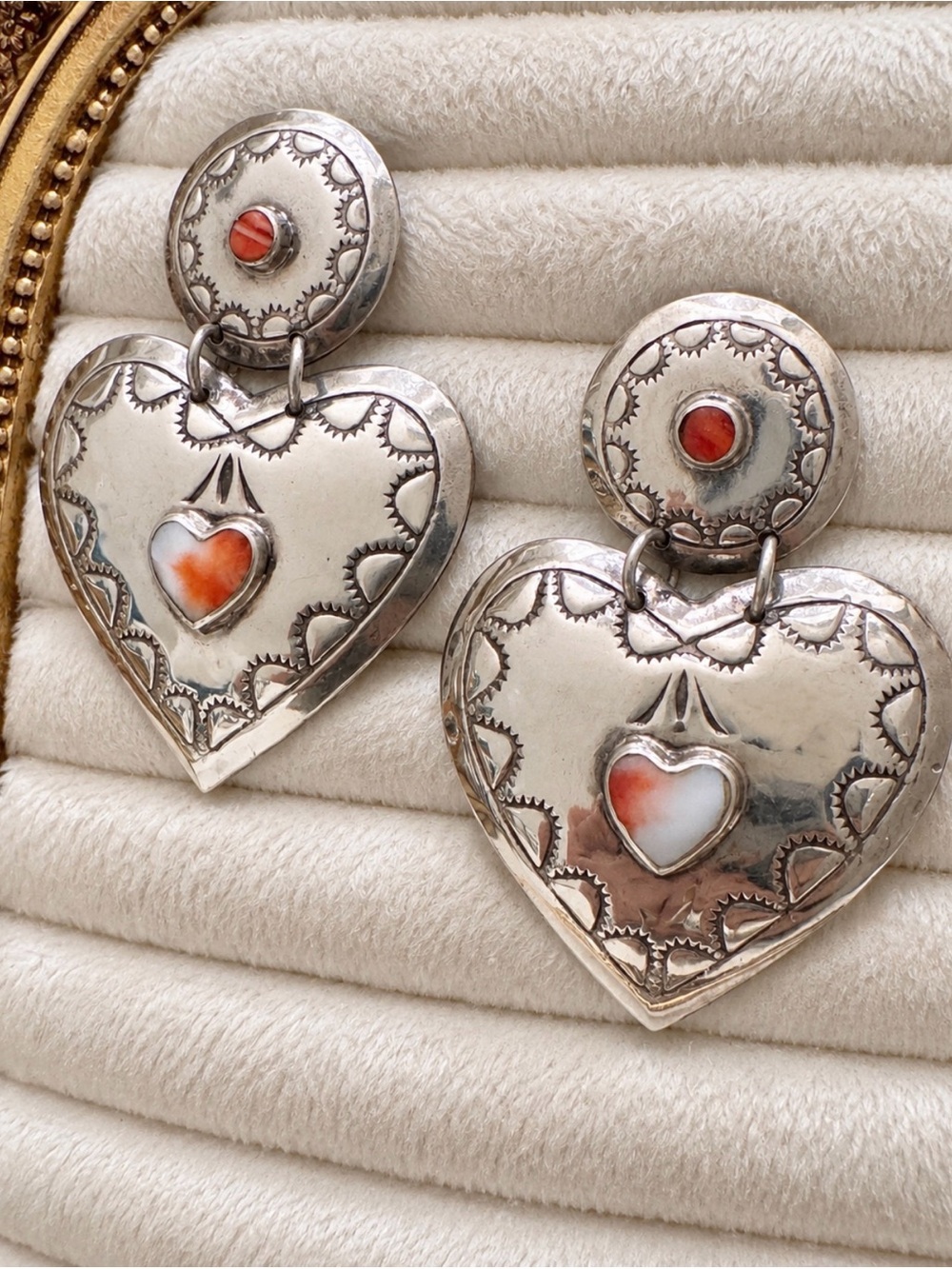 Sterling Silver Stamped Heart Dangle Earrings, Orange Spiny Oyster & Coral